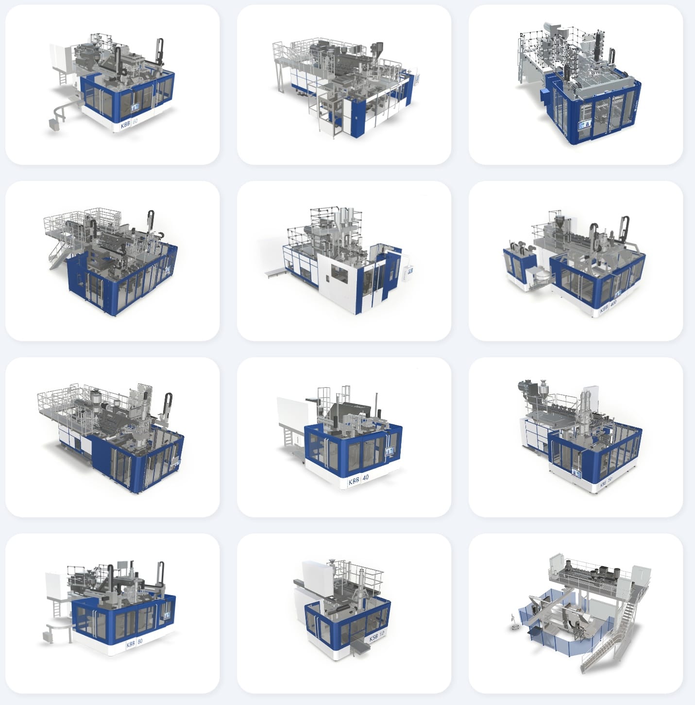 Eine Kacheldarstellung von Maschinenrenderings die aus einem Master-Setup erzeugt wurden