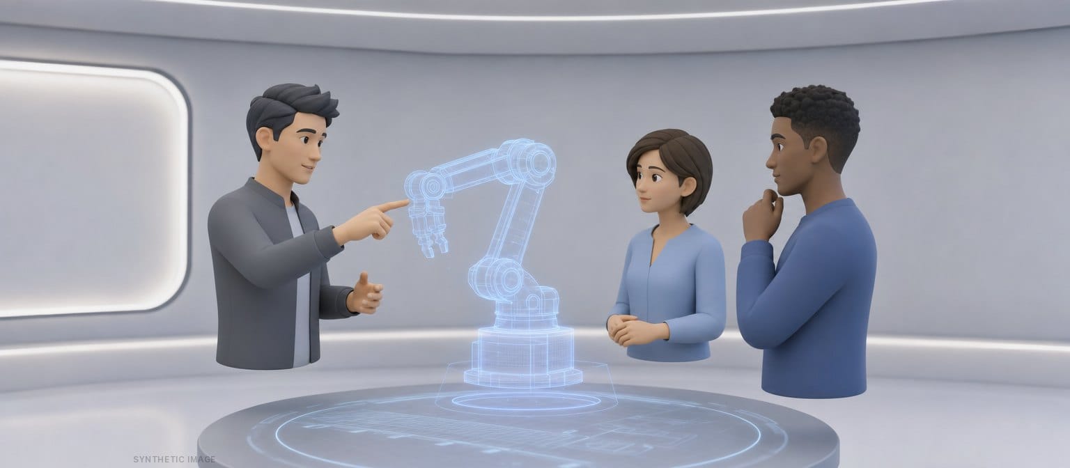 Synthetic Image: Three stylized avatars discuss the 3D model of a robot arm in a virtual meeting room
