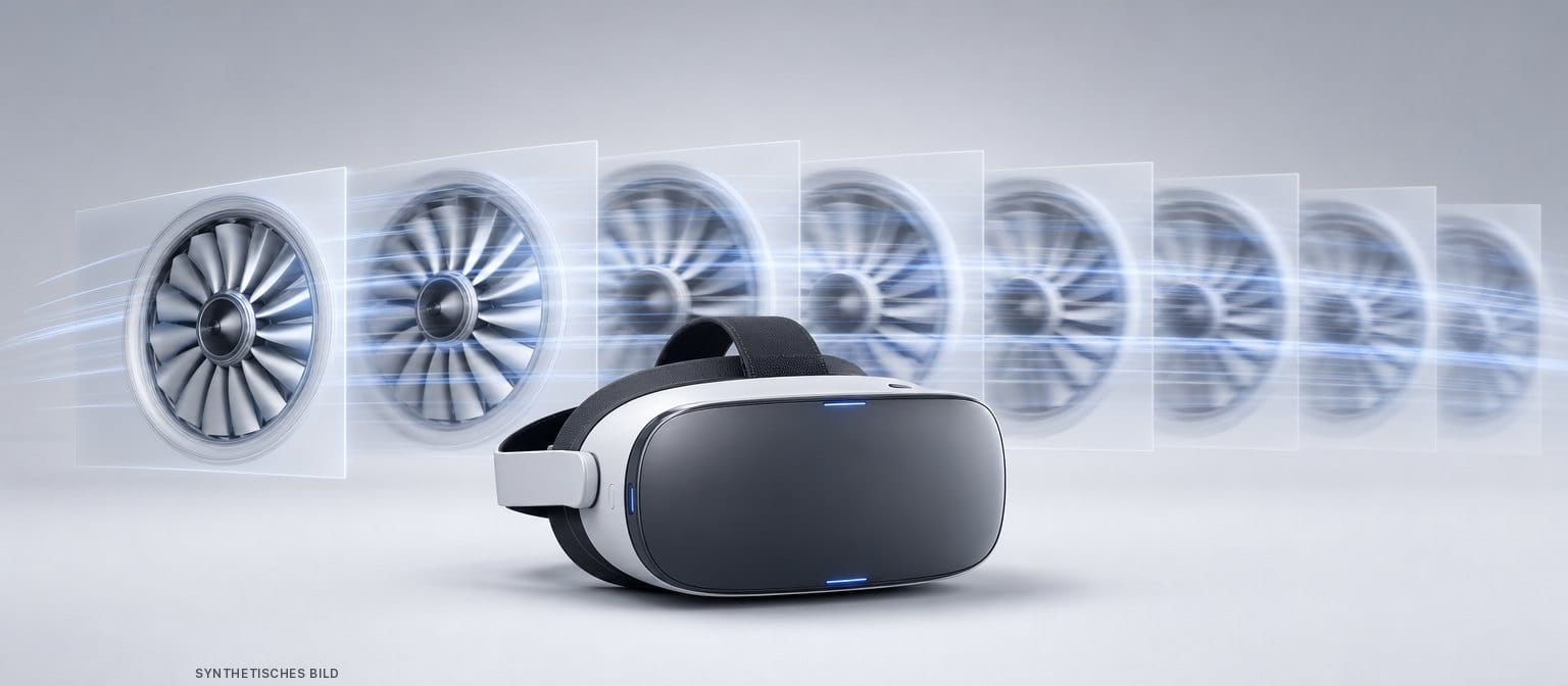 Synthetisches Bild: VR-Headset vor einer Folge von Einzelbildern eines drehenden Lüfterrads
