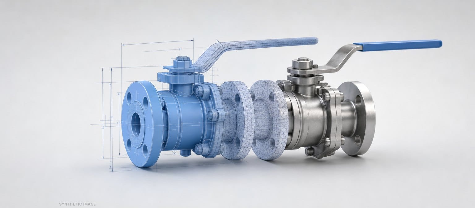 Synthetic Image: Ball valve in transition from the CAD model through the triangle mesh to the finished 3D model