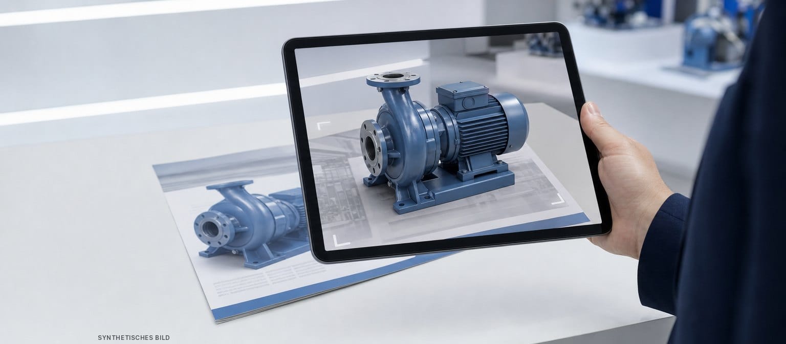 Synthetisches Bild: Tablet zeigt ein 3D-Pumpenmodell in Augmented Reality auf einer gedruckten Broschüre