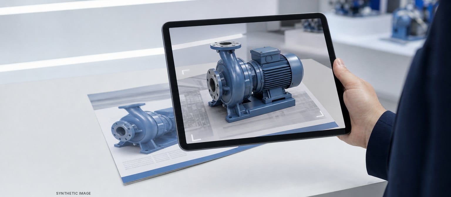 Synthetic Image: Tablet shows a 3D pump model in augmented reality on a printed brochure