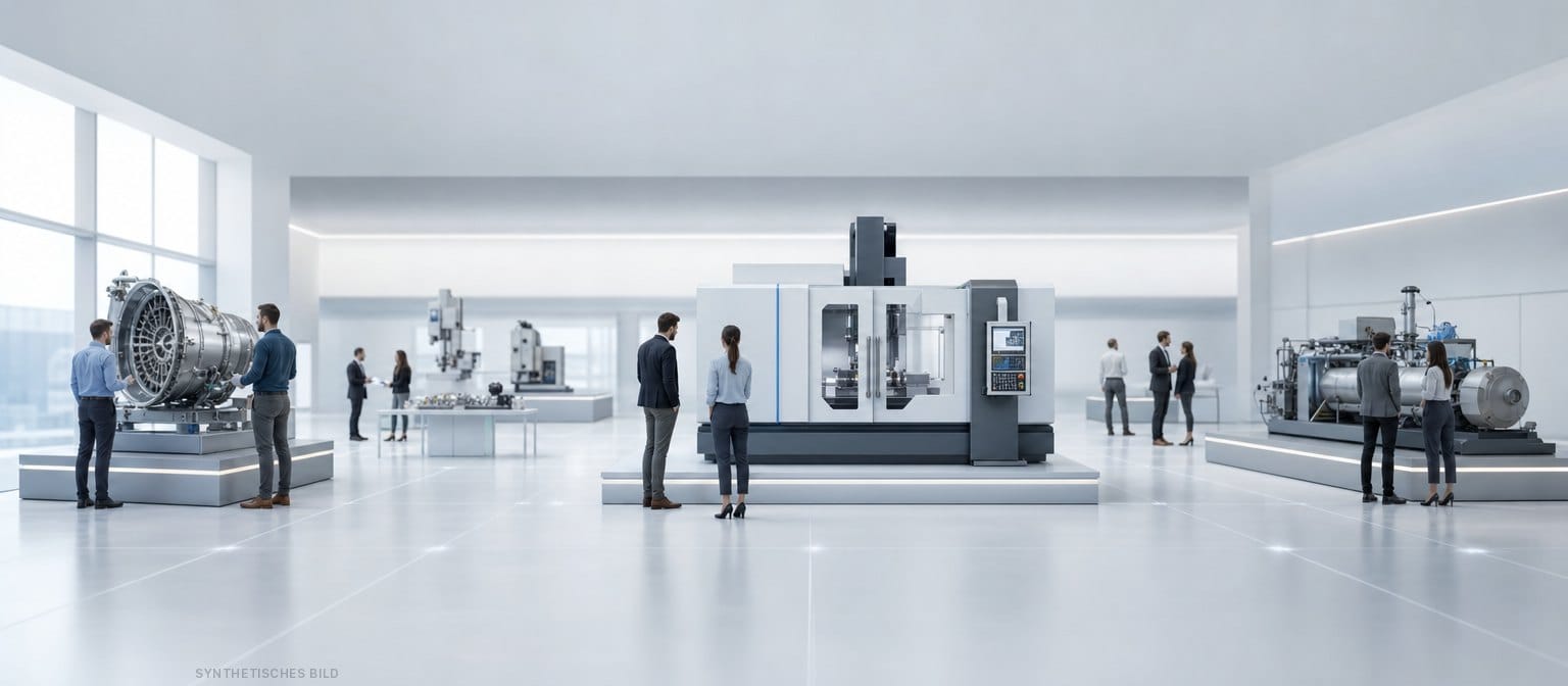 Synthetisches Bild: Virtueller Showroom mit Industriemaschinen und Besuchern