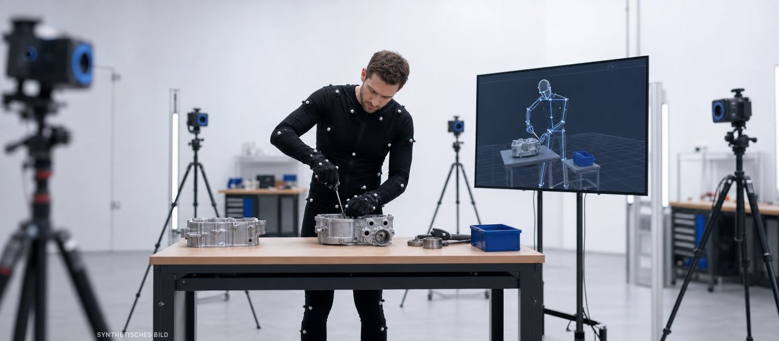 Synthetisches Bild: Techniker im Marker-Anzug bei einer Montagebewegung, daneben das 3D-Skelett auf einem Monitor