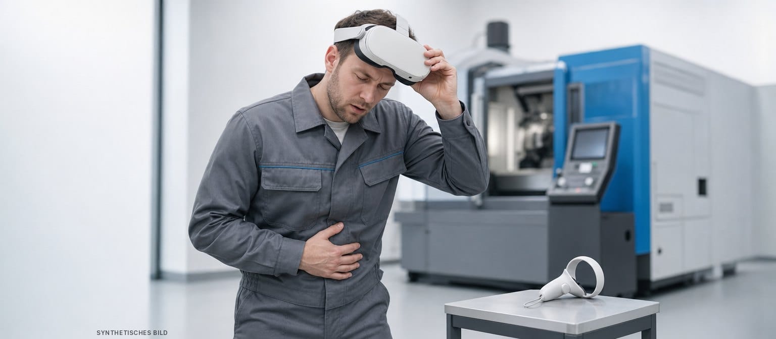 Synthetisches Bild: Ein Techniker in einer Werkhalle schiebt seine VR-Brille hoch und hält sich schwindelig den Bauch.