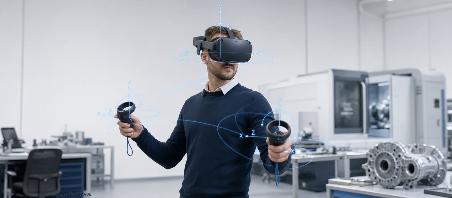 Synthetic Image: Person with a VR headset and controllers, their position and rotation shown as axes