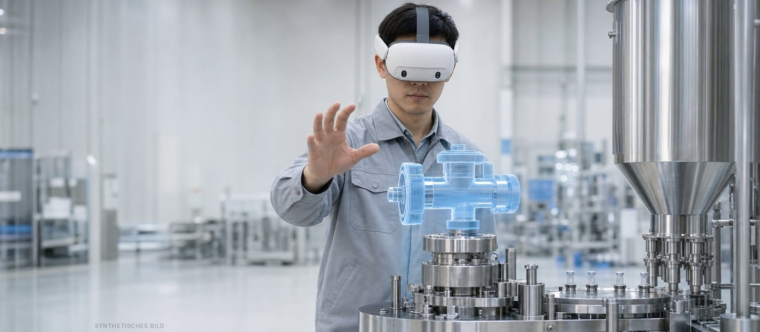 Synthetisches Bild: Ein Techniker mit Mixed-Reality-Headset greift nach einem virtuellen blauen Bauteil über einer Abfüllmaschine.