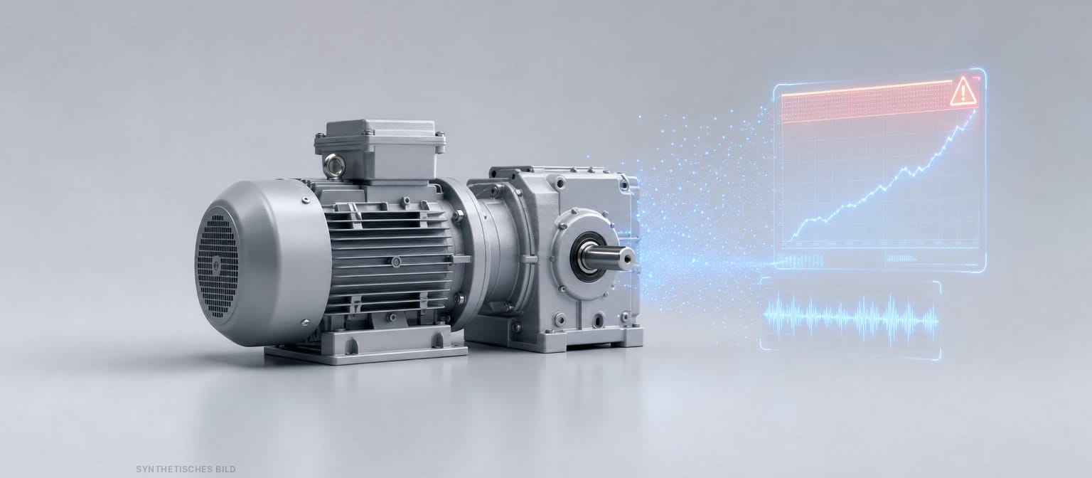 Synthetisches Bild: Elektromotor mit Getriebe, aus dem Messdaten als Prognosekurve mit Warnschwelle aufsteigen