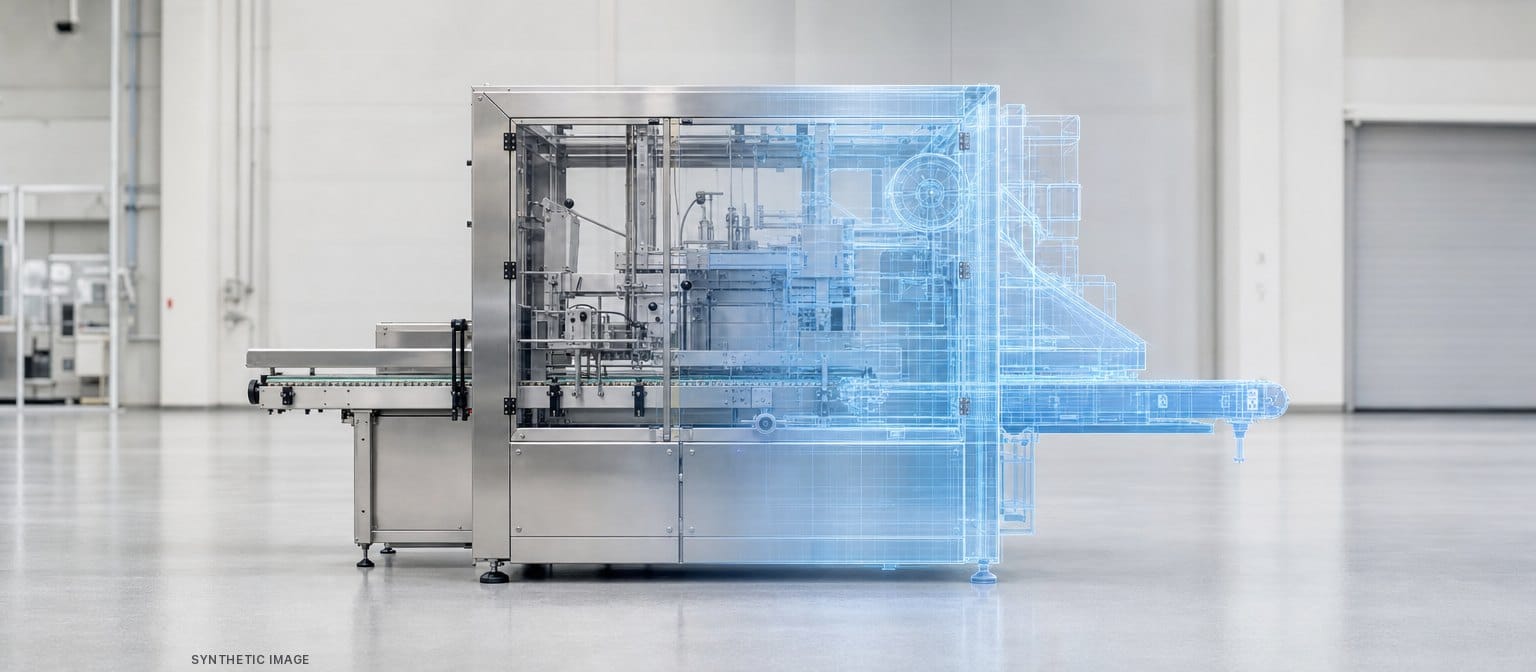 Synthetic Image: A packaging machine that changes from real on the left to a blue virtual model on the right.