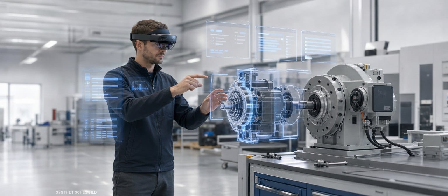 Synthetisches Bild: Person mit Mixed-Reality-Headset bedient 3D-Fenster und ein 3D-Maschinenmodell in einer Werkshalle