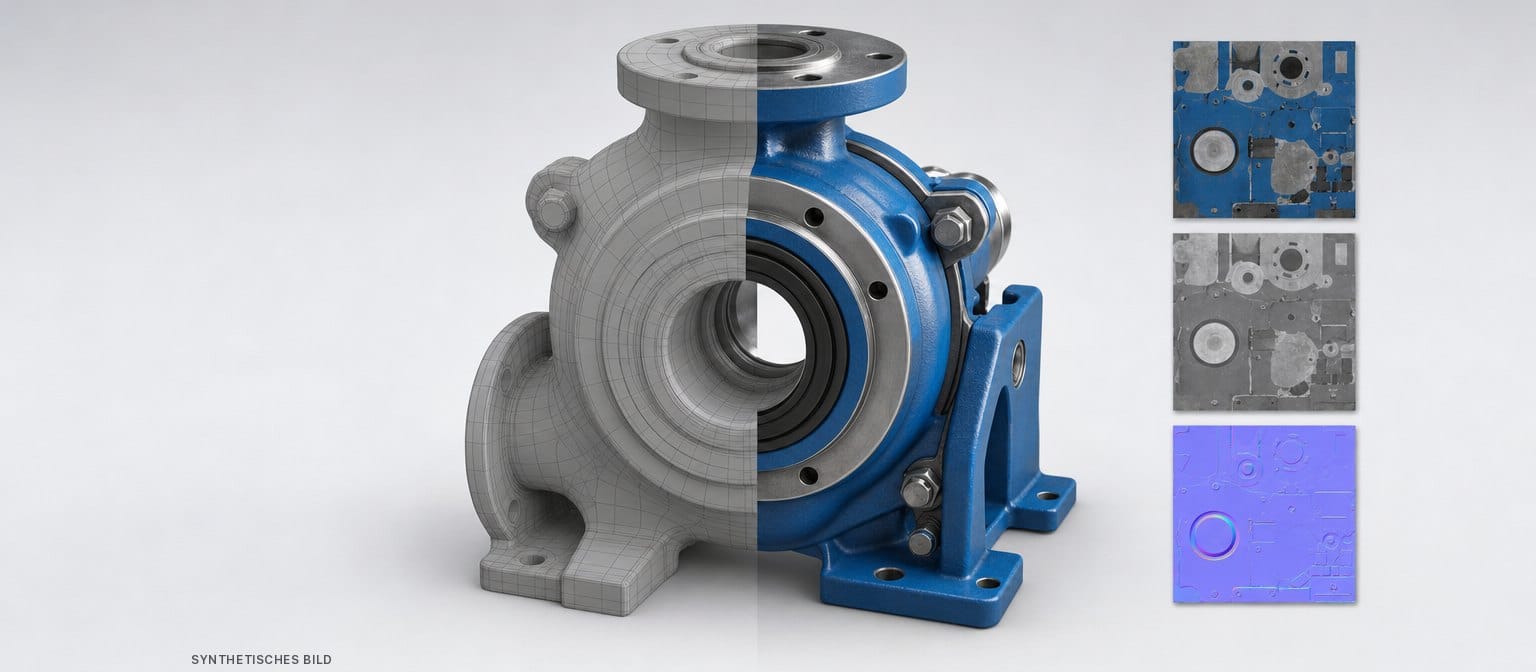 Synthetisches Bild: Pumpengehäuse, links als graue Geometrie, rechts mit Metall-, Lack- und Gummitexturen