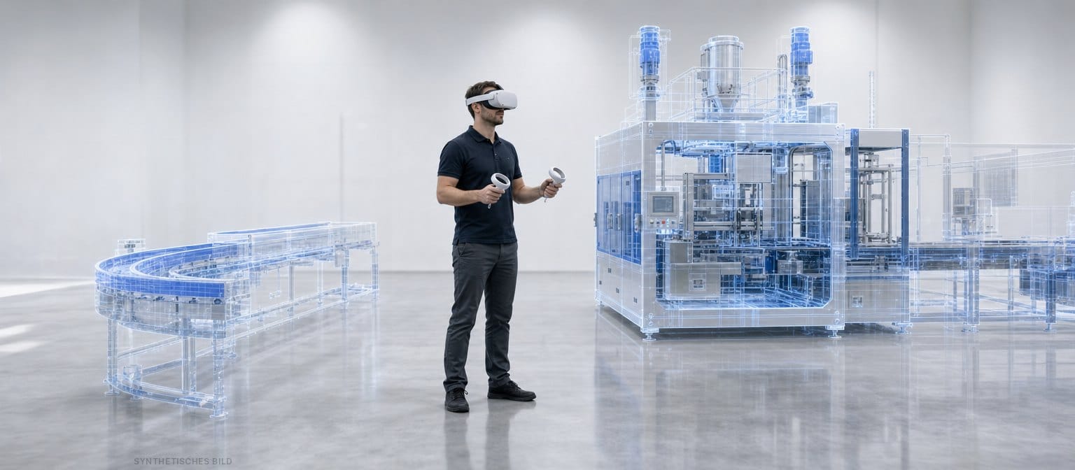 Synthetisches Bild: Ein Mann mit VR-Brille steht in einer hellen virtuellen Halle zwischen blauen 3D-Modellen von Anlagen.