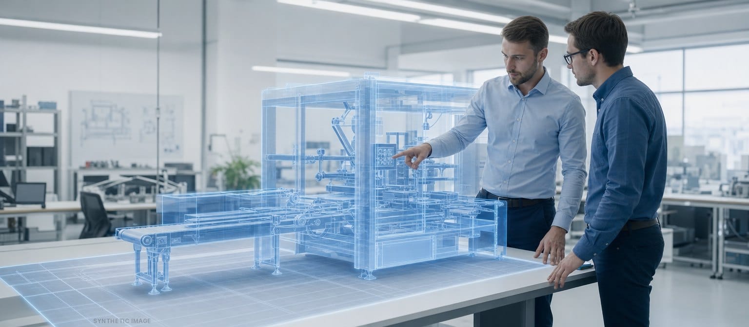 Synthetic Image: Two engineers review the virtual prototype of a packaging machine as a 3D hologram