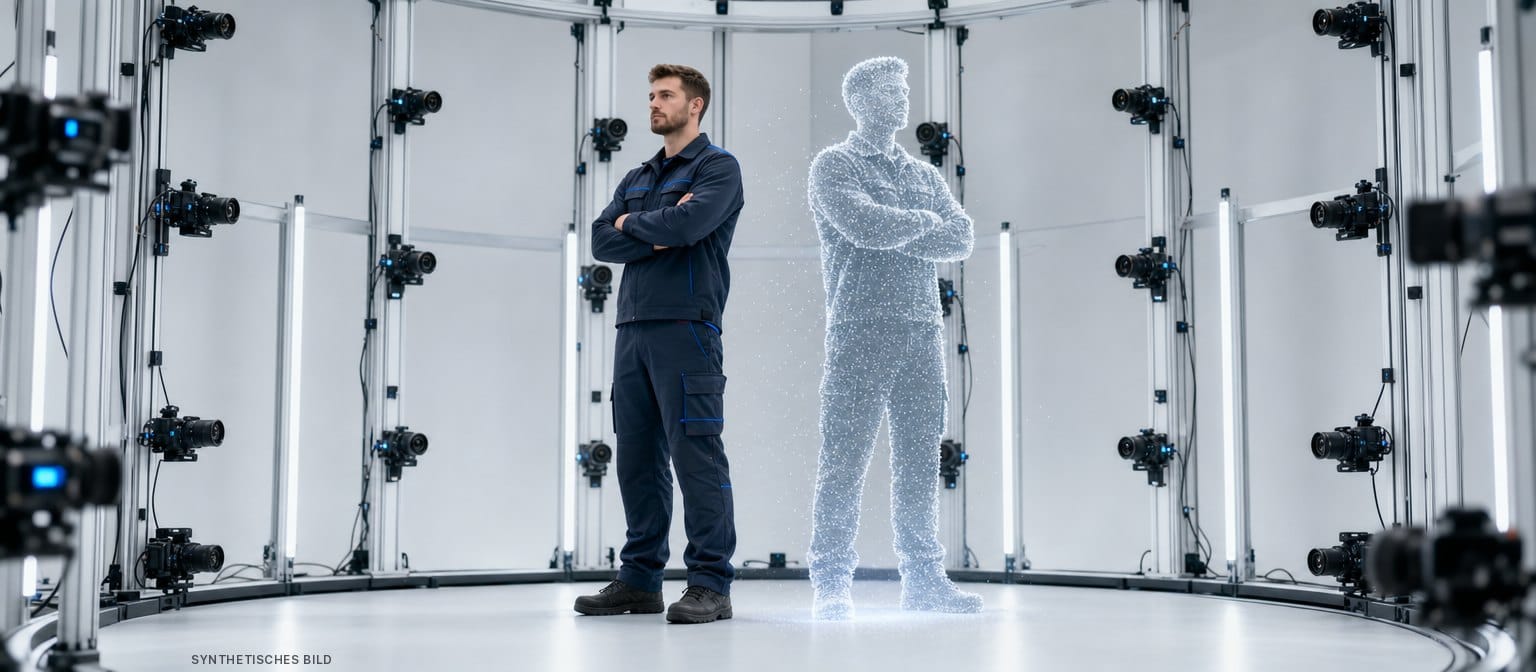 Synthetisches Bild: Servicetechniker in einer Volumetric-Capture-Bühne, daneben seine 3D-Punktwolke
