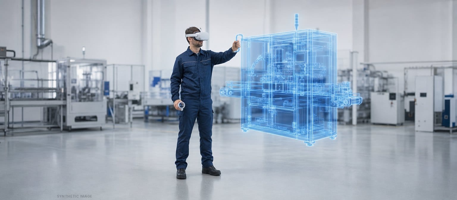 Synthetic Image: A technician with a VR headset reaches for a life-size blue 3D model of a packaging machine.