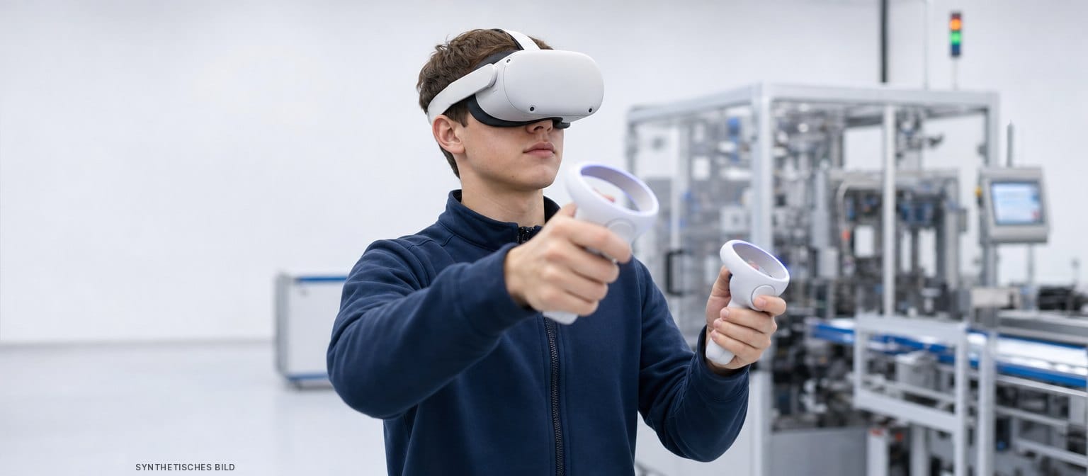 Synthetisches Bild: Ein junger Mann mit VR-Brille hält zwei VR-Controller vor sich, hinten eine Verpackungsmaschine.